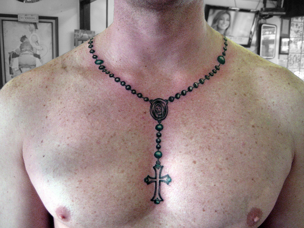 Chest Cross Rosary Tattoo On Chest For Men