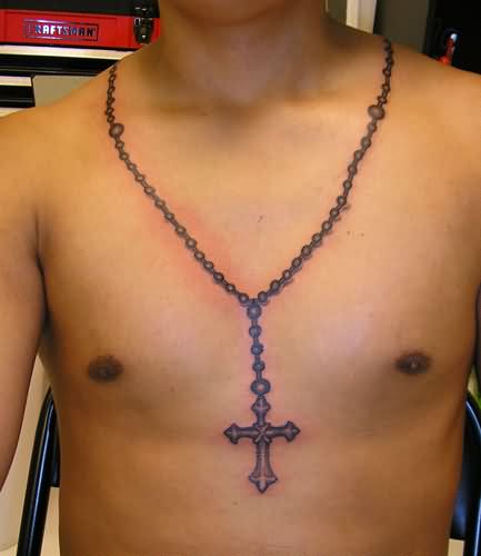 Chest Grey Rosary Tattoo For Men