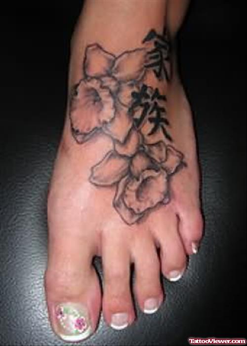 Chinese Flowers Tattoo On Foot