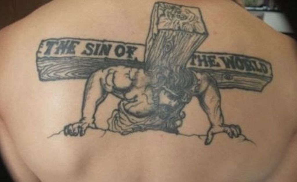 Christian Jesus With Cross Tattoo On Upper Back