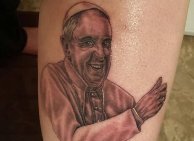 Christian Pope Portrait Tattoo On Leg