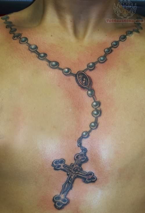 Christian Rosary Beads Tattoo On Chest