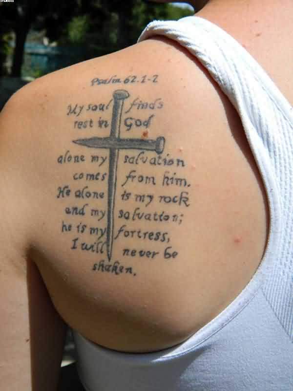 Christian Wording Tattoo On Back Shoulder