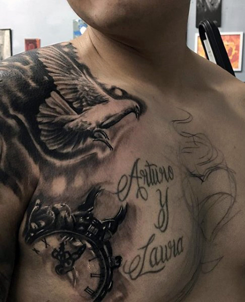 Clock And Dove Tattoo On Man Front Shoulder