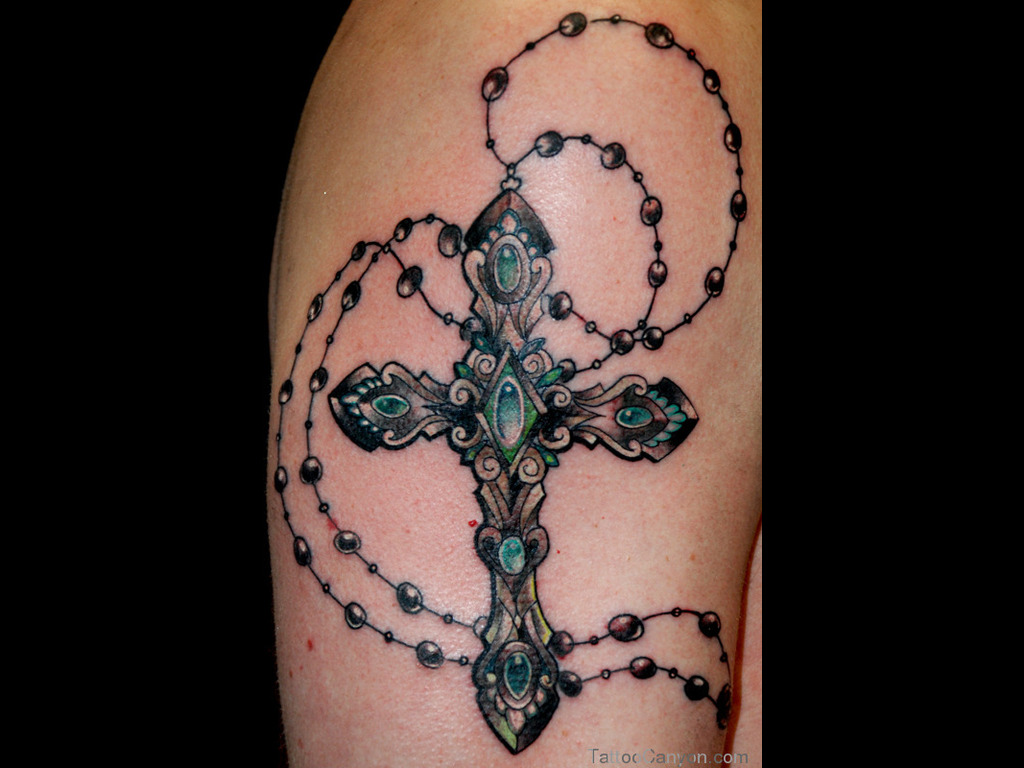 Color Big Cross Rosary Tattoo On Half Sleeve