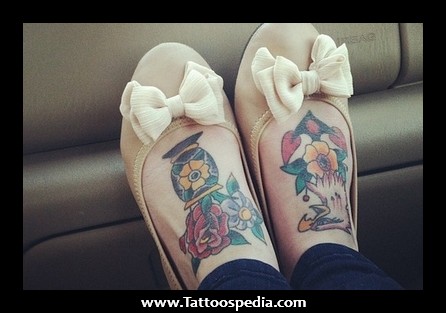Color Flowers And Anchor Feet Tattoo For Girls