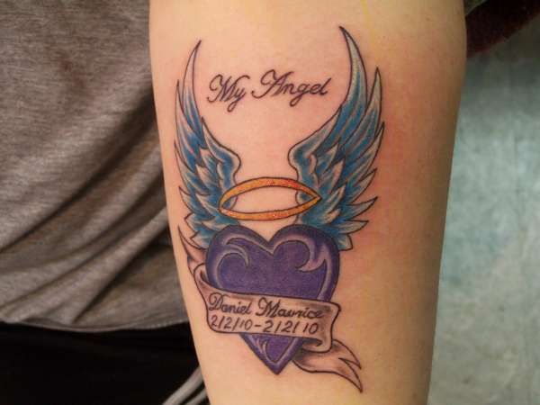 Color In Loving Memory Of Angel Tattoo On Forearm