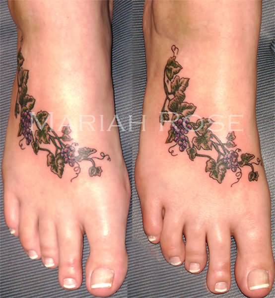 Color Ink Grape Vine Tattoos On Foot