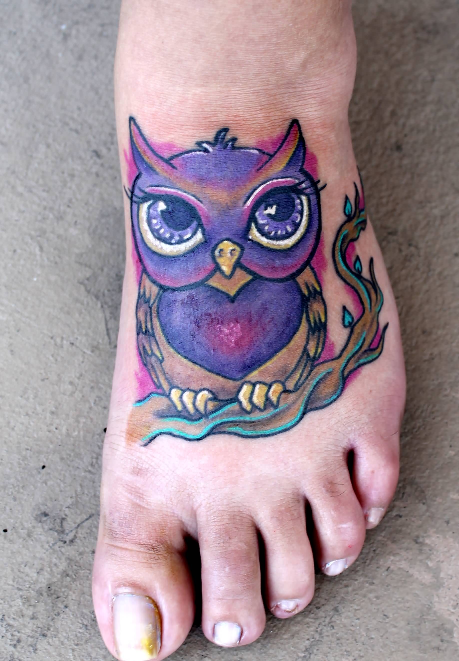 Color Ink Owl Big Heart Tattoo On Foot By Mareva Lambough