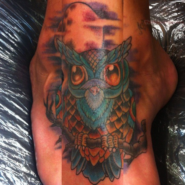 Color Ink Owl Moon Tattoo On Foot