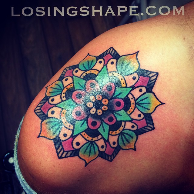 Color Mandala Old School Flower Tattoo On Upper Shoulder