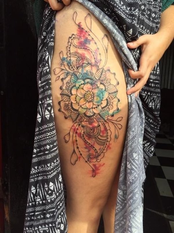 Color Mandala Tattoo On Thigh