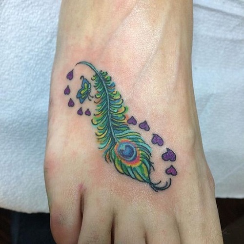 Color Peacock Feather Heart Infinity Tattoo On Foot
