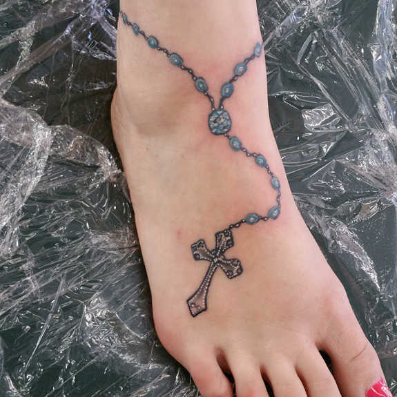 Color Rosary Bracelet Tattoo On Foot For Girls