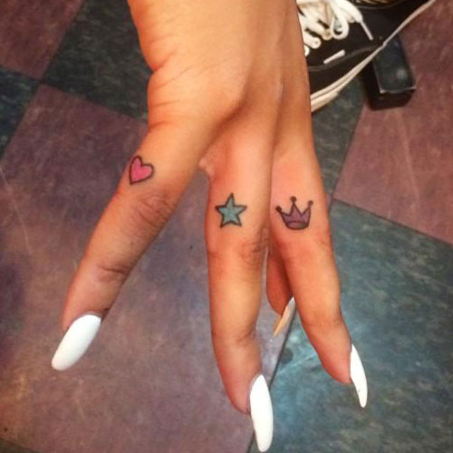 Color Star Heart And Crown Tattoos On Fingers