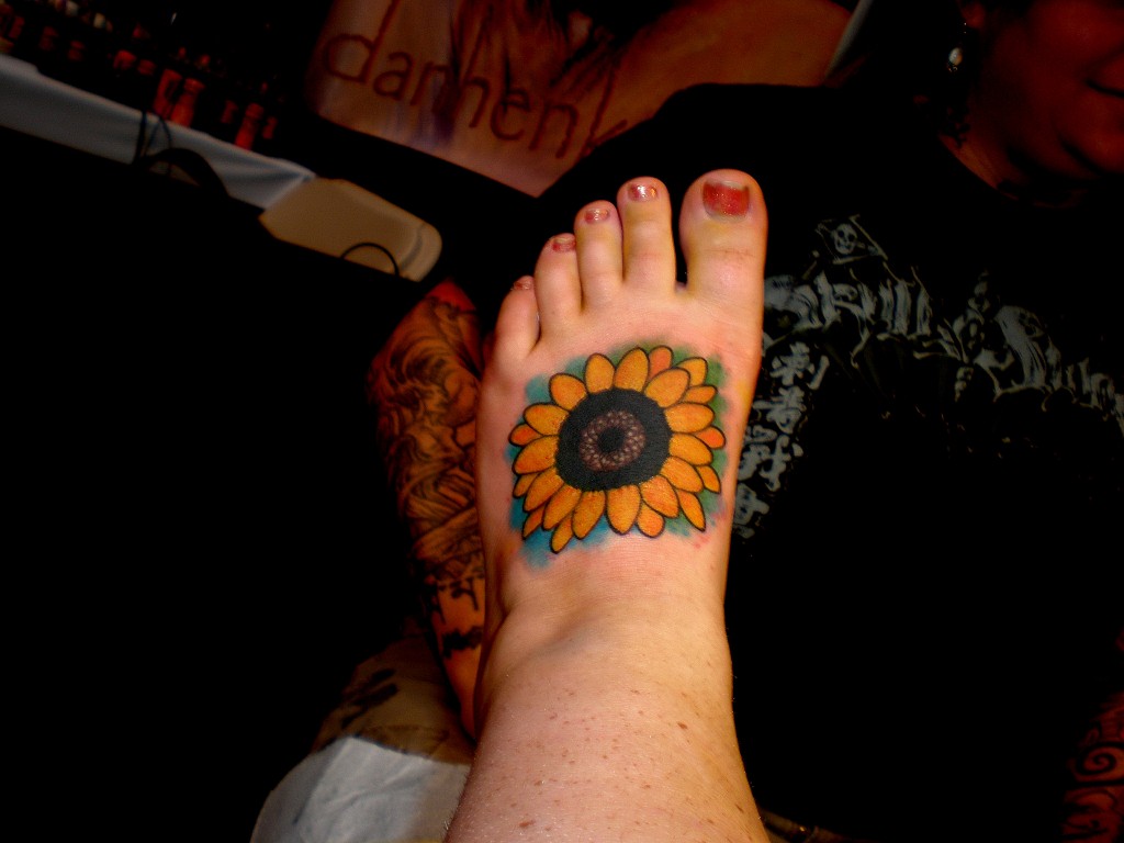 Color Sunflower Tattoo On Foot For Girls