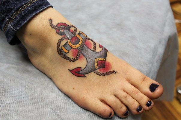 Color Traditional Anchor Tattoo On Foot For Girls