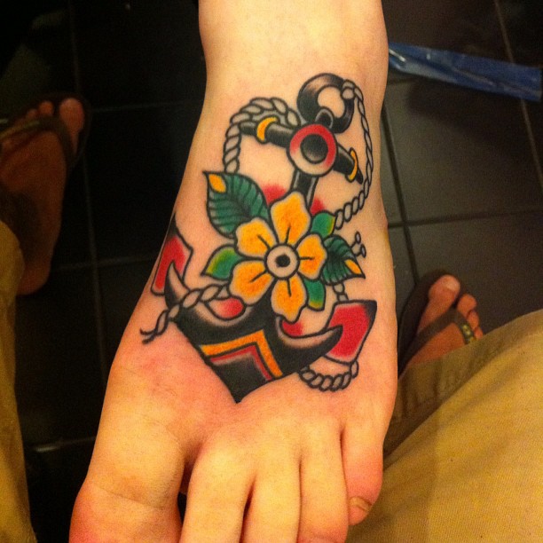 Color Traditional Anchor Tattoo On Foot