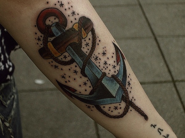 Colored Anchor And Rope Tattoo On Arm