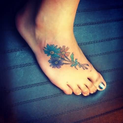 Colored Daisy Flowers Foot Tattoo