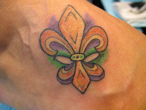 Colored Fleur De Lis Tattoo On Foot