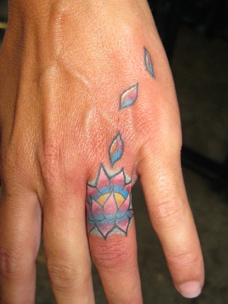 Colored Lotus Flower Tattoo On Girl Finger