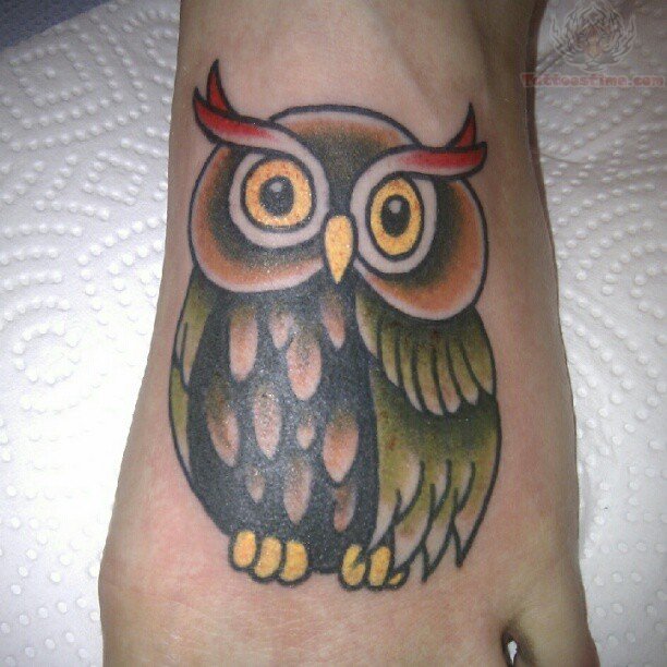 Colored Owl Traditional Tattoo On Foot