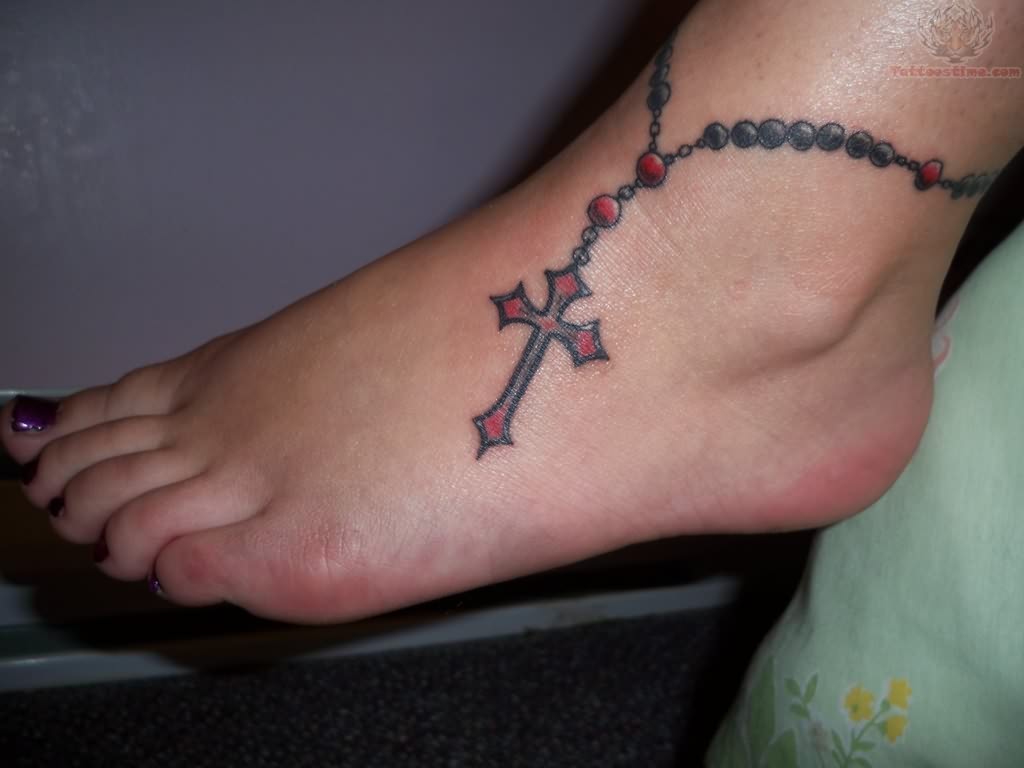 Colored Rosary Tattoo On Foot