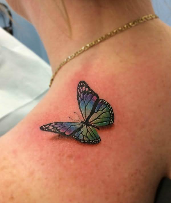 Colorful 3D Butterfly Tattoo On Back Shoulder For Girls