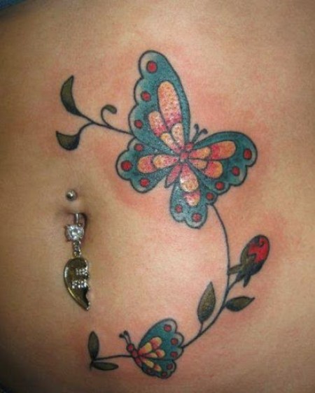 Colorful Butterflies Flower Tattoo On Stomach For Women