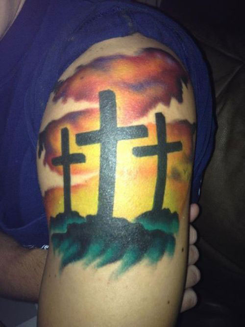 Colorful Christian Tattoo On Shoulder