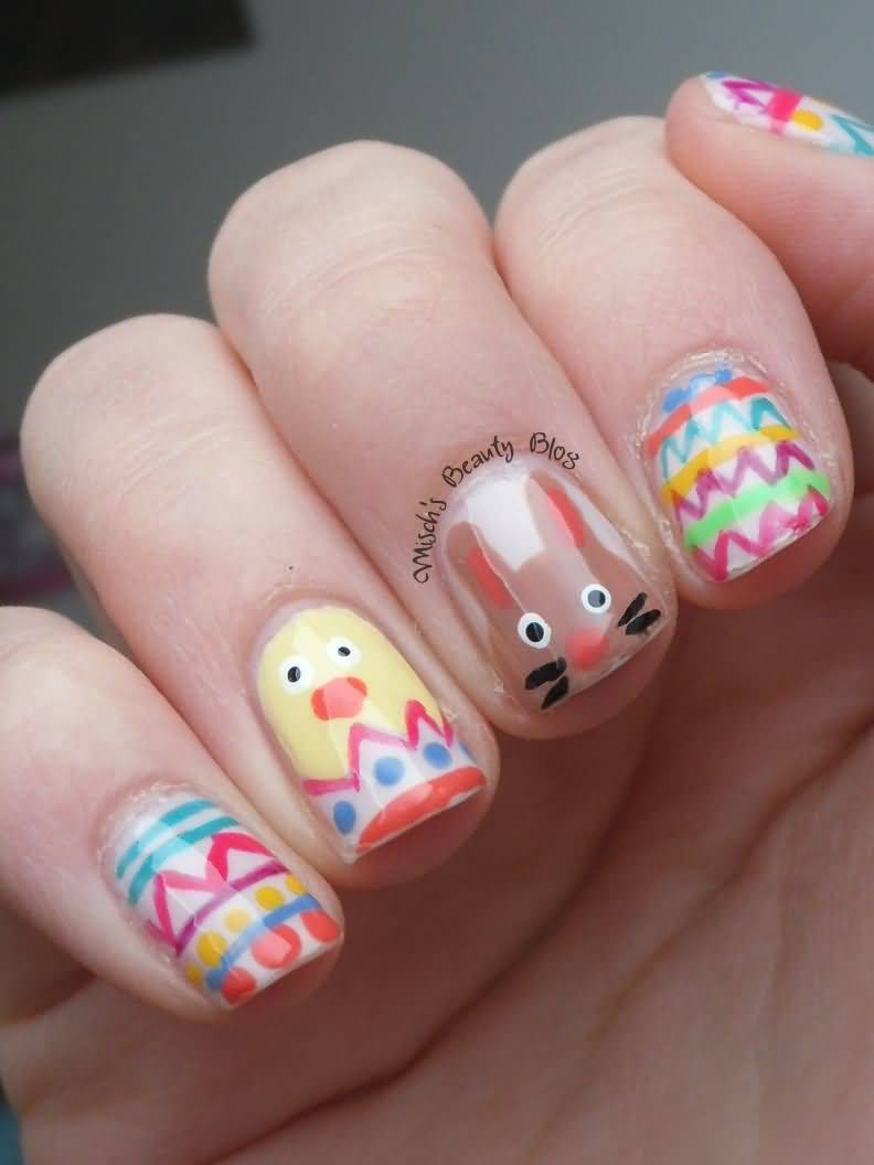 Colorful Easter Eggs With Chick And Bunny Nail Art