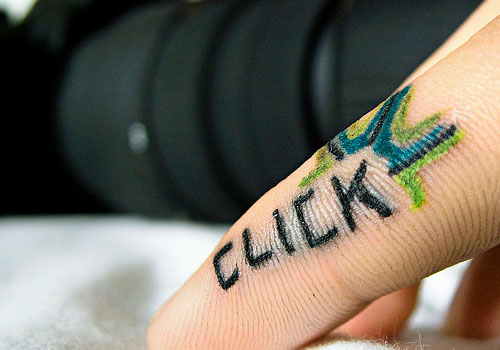 Colorful Finger Click Word Tattoo