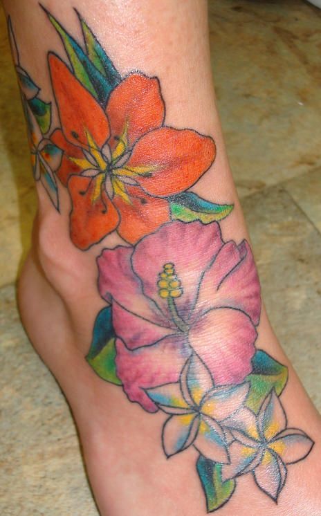 Colorful Flowers Foot Tattoo