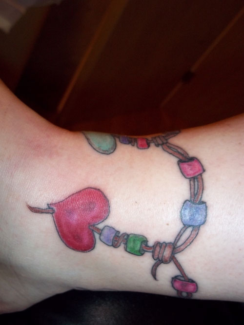 Colorful Heart Ankle Bracelet Tattoo