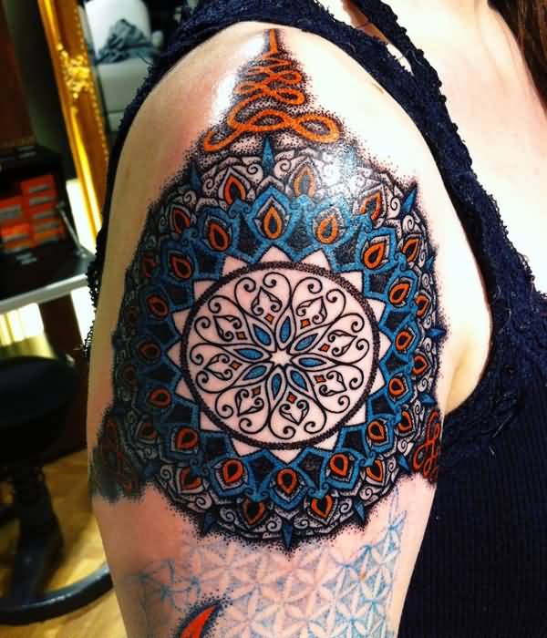Colorful Mandala Tattoo On Right Shoulder By Meatshop