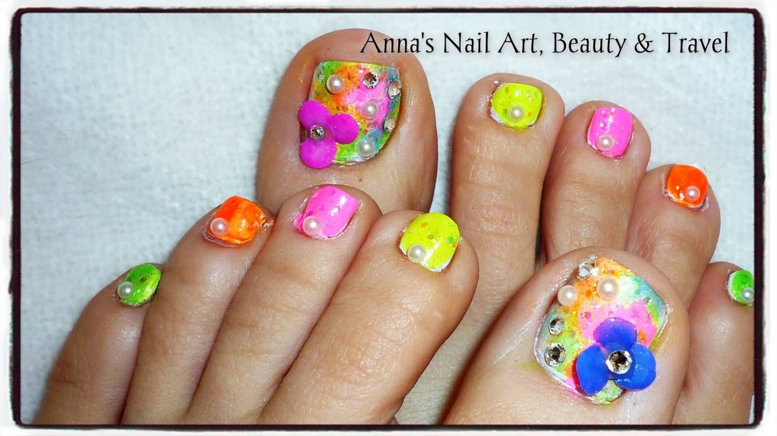 Colorful Spring Toe Nails With Pearls Design Idea With Tutorial Video