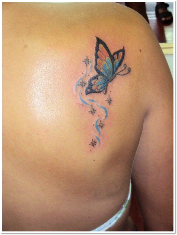 Colorful Stars Butterfly Tattoo On Right Back Shoulder