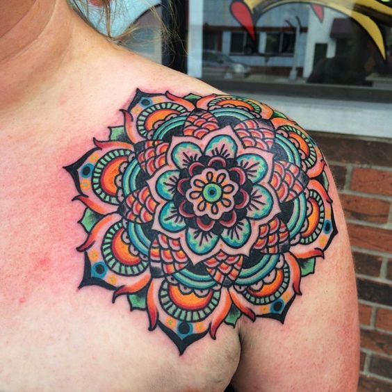 Colorful Traditional Mandala Tattoo On Shoulder