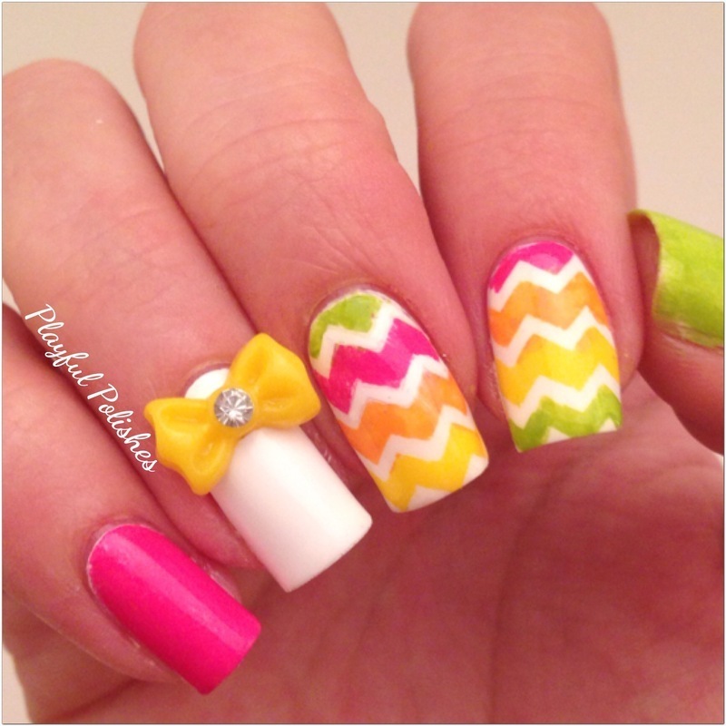 Colorful Zig Zag Design With 3D Bow Spring Nail Art