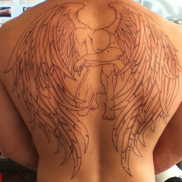 Colorless Fallen Angel Tattoo On Full Back