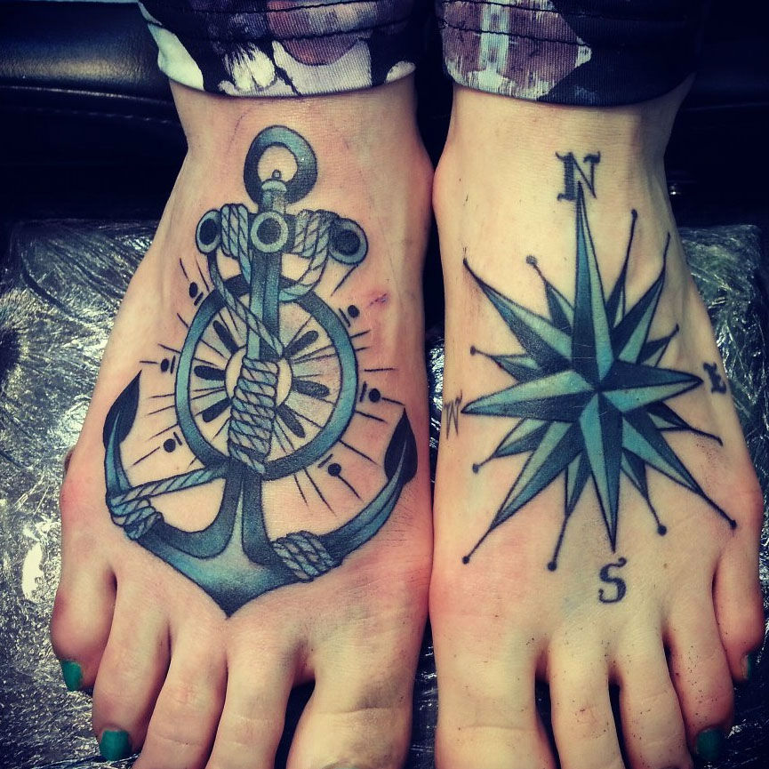 Compass And Anchor Both Feet Tattoo For Girls