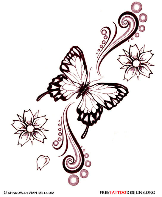 Cool Butterfly And Flowers Tattoo Stencil