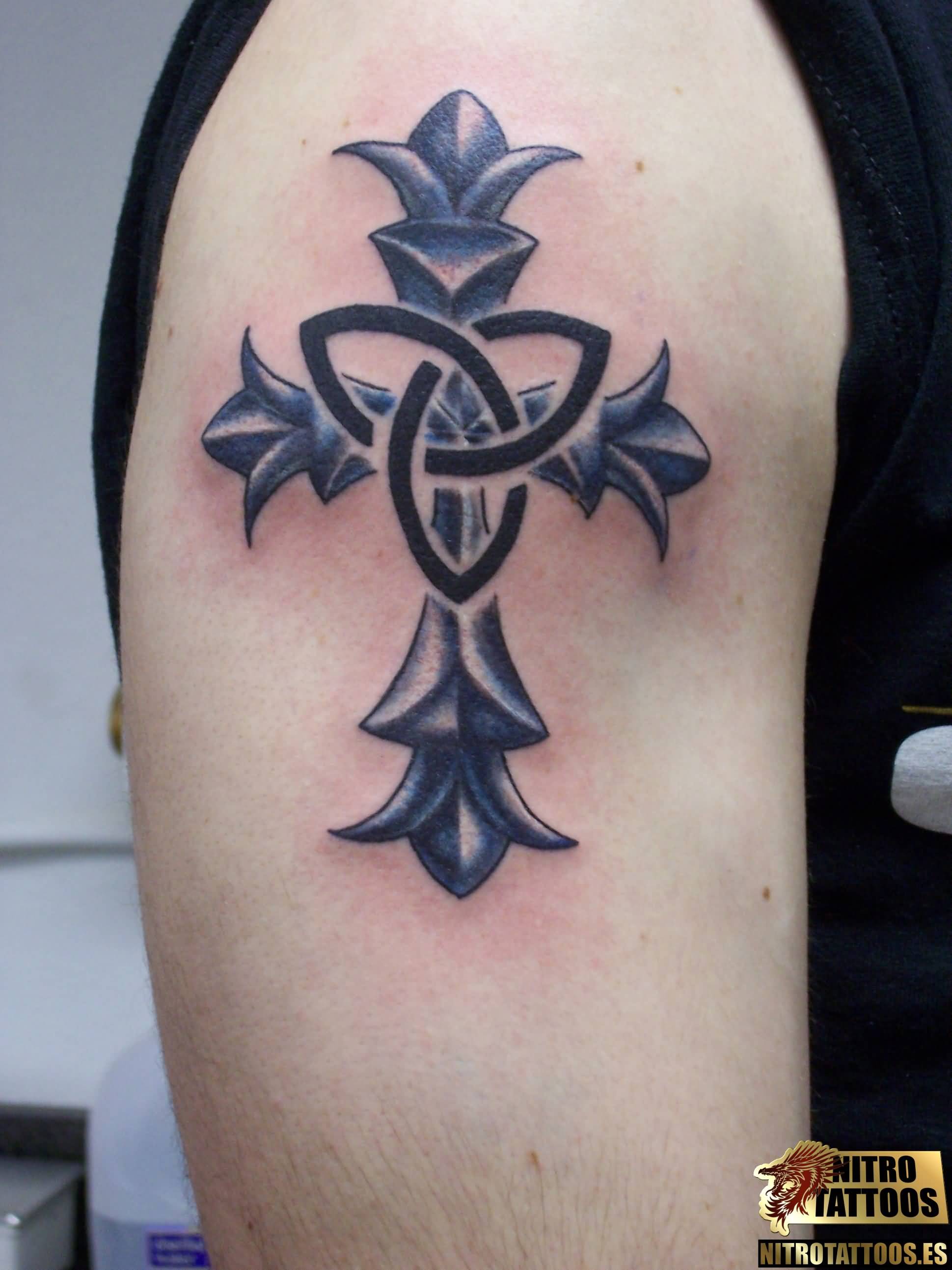 Cool Celtic Cross Christian Tattoo On Right Shoulder