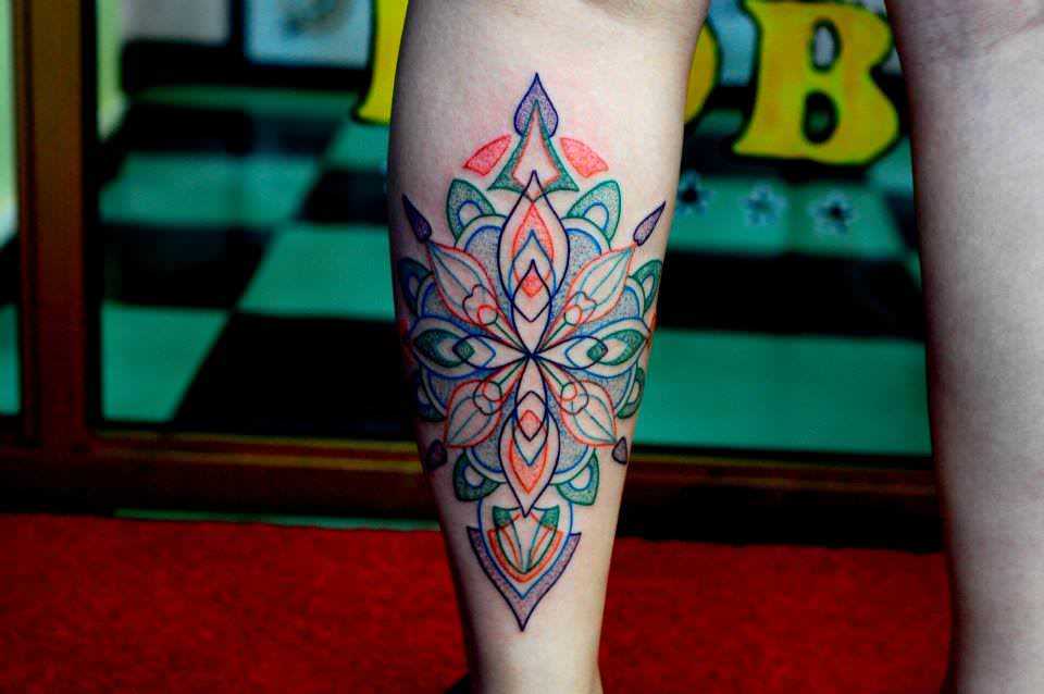 Cool Geometric Color Mandala Tattoo On Leg
