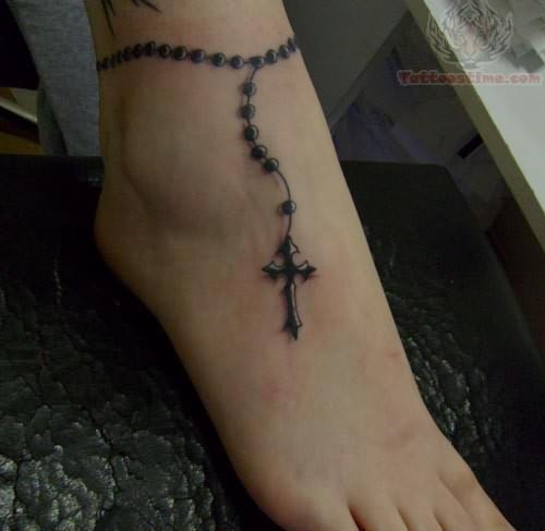 Cool Realistic Rosary Tattoo On Foot