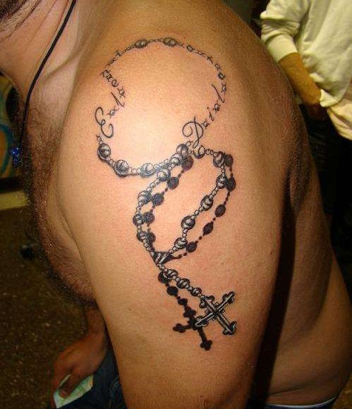 Cool Realistic Rosary Tattoo On Man Shoulder