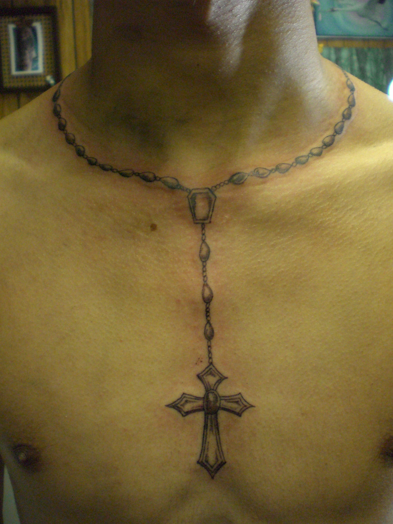 Cool Rosary Tattoo Around Neck For Men.