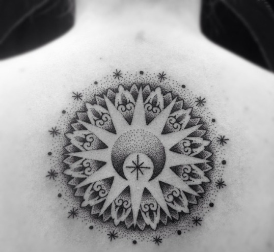 Cool Sun Moon Mandala Tattoo On Upper Back