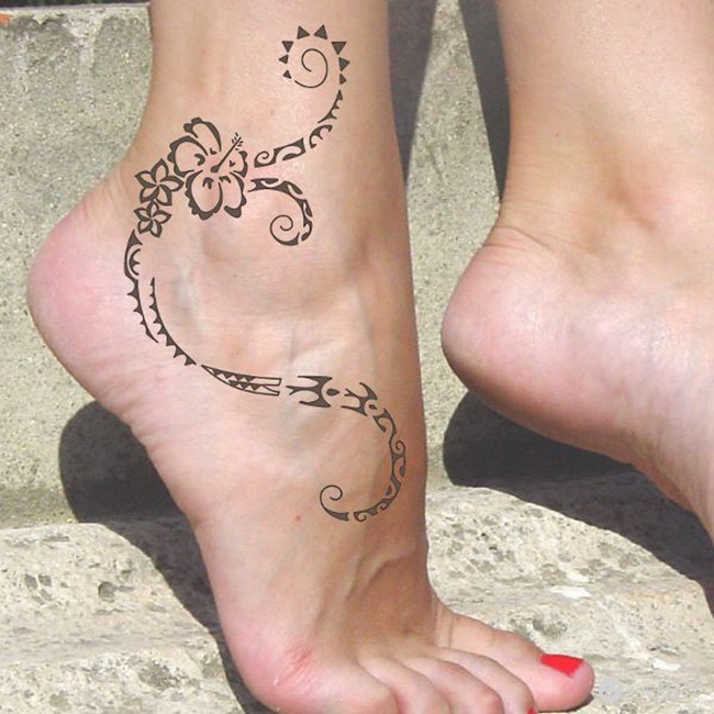 Cool Tribal Flower Tattoo On Foot And Ankle